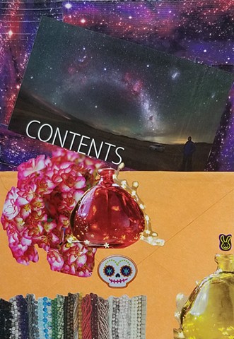 mixed-media collage on paperwith orange envelope Dia de Los Muertos sticker constellations galaxy duct tape by Holly Campbell