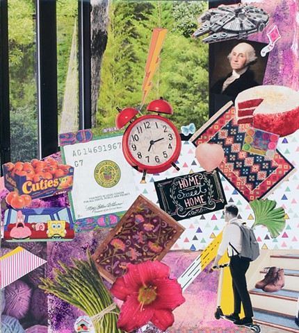 mixed-media contemporary collage on paper ephemera mono-printing ginko leaves cuties alarm clocks rugs scooters yarn boots evergreen trees windows and the milenium falcon by Holly Campbell