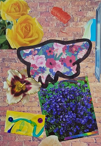 mixed-media collage on paper with AZ coyotoes yellow roses striped irises smiley face stickers alcohol inks purple flowers blue door red-orange twine and brick wall background by Holly Campbell