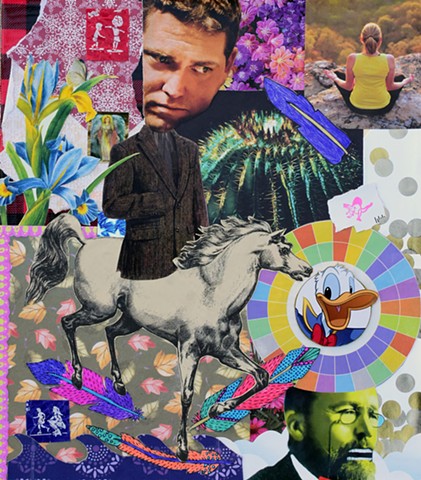 mixed-media collage on paper sport jacket cactus meditation horse donald duck leaves irises tootsie pop wrappers ephemera duct tape dinosaurs circles feathers sigmund freud waves flowers by Holly Campbell