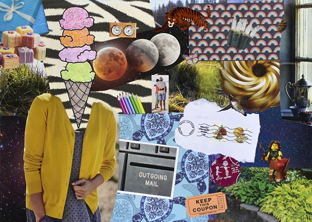 mixed-media collage with a woman with an ice cream cone head tiger stripes and the phases of the moon