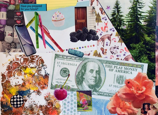 contemporary collage mixed-media collage on paper with markers highlighters cupcakes envelopes Benjamin Franklin hundred dollar bills lilies waves evergreen trees srpuce trees wooden doors blackberries foxes racoons deer by Holly Campbell