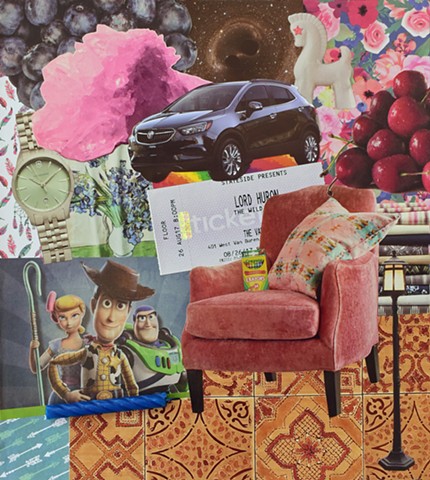ephemera collage on paper swiss-army watch lord huron crayola crayons pink chair cherries quartz crystals buick encore blueberries black-holes pillows fabric stacks floor-tiles lamp-post feathers trojan horses birthday candles and arrow by Holly Campbell