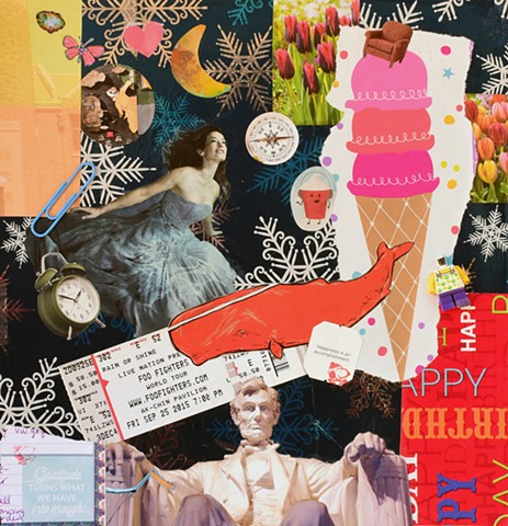 mixed-media collage on paper contemporary collage with ephemera candles Abraham Lincoln ice cream cones headless lego figure paperclip compas whales and foo fighters ticket by Holly Campbell 