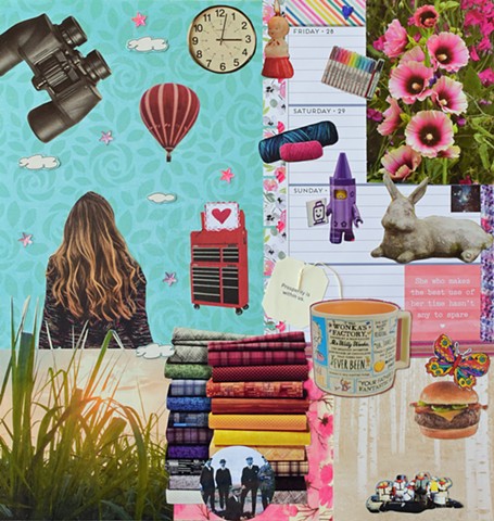 contemporary collage on paper mixed-media various papers ephemera woman staring up at the sky hot air balloon purple crayon lego green grass growing binnoculars fabric piles clocks rabbit and cheeseburger expidition by Holly Campbell