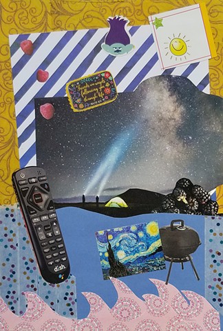 mixed-media collage on paper with remote control tent and star gazers golden swirly background Vincet Van Gogh's Starry Starry Night blackberries polkadots and pink mandala waves by Holly Campbell
