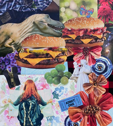 mixed media collage on paper cheese burgers bacon tyrannosaurus rex yarn flowers limes maps saint anthony baby jesus admit one ticket butterfly outer space jeans levis duct tape flannel ephemera by Holly Campbell