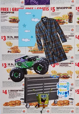 mixed-media collage on paper with Burger King coupons a men's plaid flannel bathrobe a Spongebob-Square-pants sticker by Holly Campbell