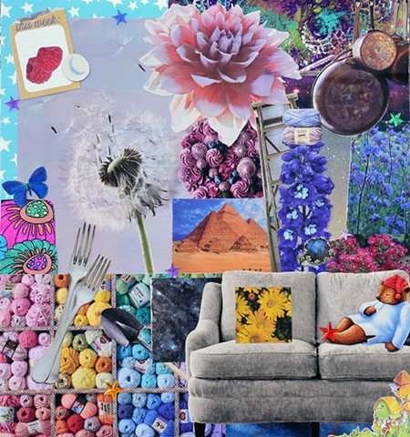 mixed media collage on paper rasberries flowers copper pots dandelions cake frosting sleepy time tea bear forks pyramids couch birdhouses daisys labradorite ladders ring outer space duct tape ephemera mono-printing acrylic stars by Holly Campbell