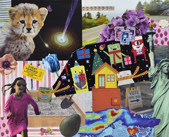 collage on paper with a wallet, statue of liberty, space, roads and a shovel