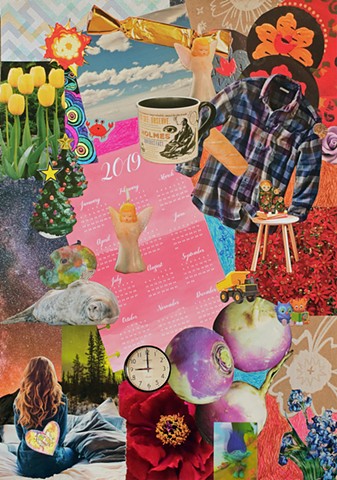 contemporary collage on paper ephemera papers Sherlock Holmes coffee mug flannel shirts yellow tulips sleeping seals angel candles hearts nothern lights 2019 calendar turnips Daniel Tiger Van Gogh's irises trolls clocks red flowers blue by Holly Campbell