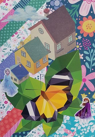 mixed-media collage on paper with Frozen stickers a butterfly houses and a floral background by Holly Campbell