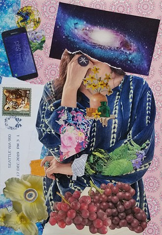 mixed-media collage on paper with tiger stamp red grapes pink mandala patterened background samsumg galaxy phone and woman with a galaxy for a head by Holly Campbell