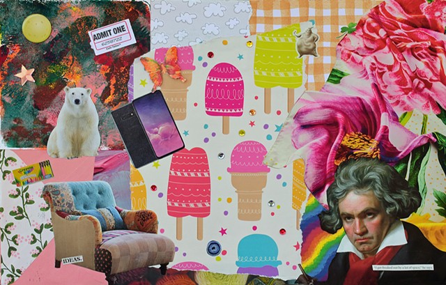 mono-printed mixed-media collage on paper with ephemera papers stickers Beethoven Samsung galaxy polar bear full moon gold gingham pattern ice cream cones butterflies comfy chairs crayola chalk sequins yarn clouds envelopes mixed-media collage by Holly Ca