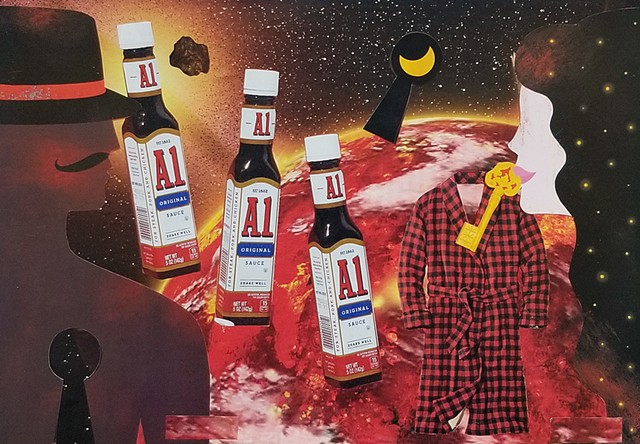 mixed-media collage on paper of A-1 Steak sauce bottles man and woman shilouettes cresent moon key hole and key by Holly Campbell