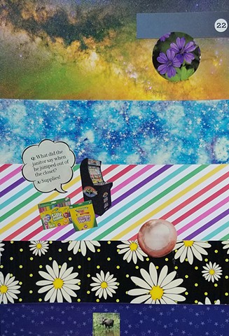mixed-media collage on paper with daisies outer space Galaxia arcade game crayola colored pencils markers ball moose stars and rainbow stripes by Holly Campbell