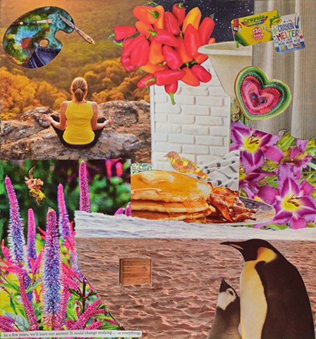 mixed-media collage on paper with ephemera miscellaneous papers stickers and text penguins sand pancakes peppers bathtub meditating lady in nature by Holly Campbell 