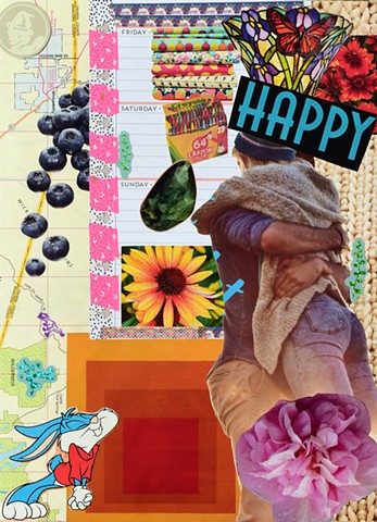 mixed-media contemporary collage on paper happy words crayola crayons 64 count butterfly stained glass fabric Friday Saturday Sunday calendar page blueberries sleepy-time tea bear green emerald seaweed brown eyes by Holly Campbell 