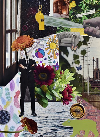 collage on paper with a man with a flower head, urban landscape and a green bear