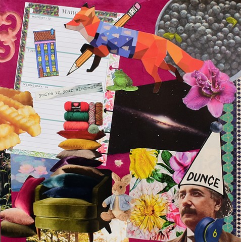 collage on paper Albert Einstein cubic redfox pencil green velvet chair peter rabbit and blueberries by Holly Campbell