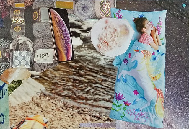 mixed-media collage on paper with girl in sleeping bag river bed canoe shells samsung galaxy phone yarn and millions of stars in the sky by Holly Campbell 