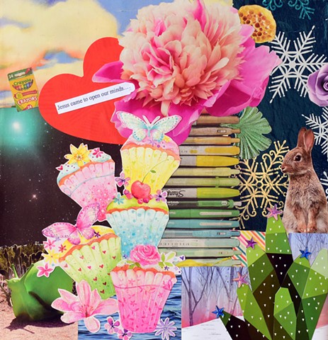contemporary collage on paper various papers ephemera mixed-media collage with Jesus heart blooming pink flower snowflakes rabbit cupcakes butterflies a cactus with outerspace by Holly Campbell