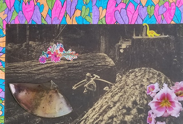 mixed-media collage on paper with broken CD dinosaur stickers pink flowers and a lumberjack with giant fallen trees from the Pacific Northwest by Holly Campbell