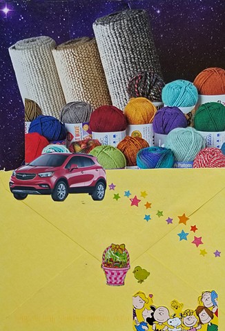 mixed-media collage on paper with a yellow envelope yarn rolled up carpets outer space background with glittery star stickers by Holly Campbell