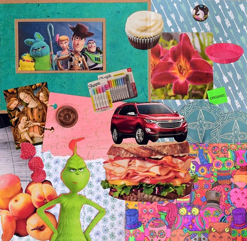  mixed-media collage contemporary collage on paper coins mother mary and baby jesus red chevy trax deli sandwich owls the grinch peaches rasberries rainbow sharpies, cupcakes tiger lilies pink pool organic arrows by Holly Campbell