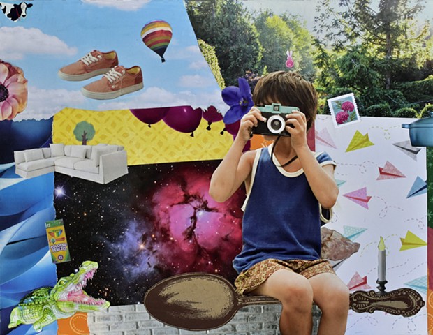 collage on paper with a boy taking a picture with a camera riding a spoon