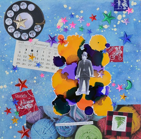mixed-media collage on paper, glitter glue rotary phone calendar top hat tootsie pop wrapper yarn watercolor alcohol ink on paper acrylic stars by Holly Campbell