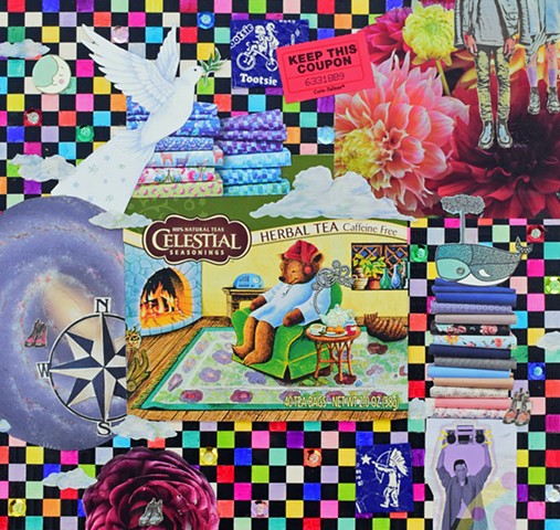 mixed media collage on paper duct tape sequins dove tootsie pop wrapper doc martens flowers sleepy tiem tea bear compass whale checkerboard fabric say anything boom box by Holly Campbell