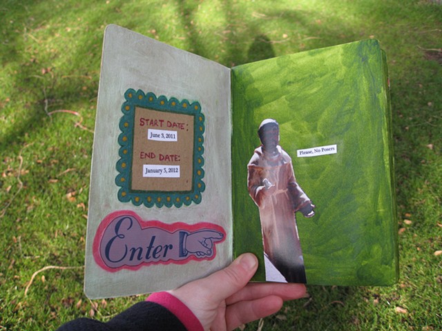 mixed media collage St. Francis on green background by Holly Campbell