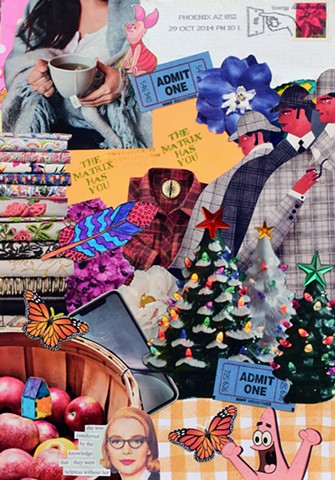 contemporary mixed-media collage on paper alcohol-ink photographic paper ephemera acrylic stars tea cup piglet sherlock holmes feathers stacks of fabric christmas trees smart phones flannel shirts postage stamp apples butterflies checkerboard smoking pipe
