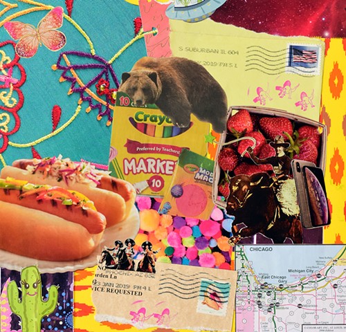 contemporary collage crayola markers three amigos stamps american flag strawberries butterflies fabric pom-poms hot dogs cactus chicago map seashell stamp samsung phones rodeo sleeping mixed-media collage bear by Holly Campbell