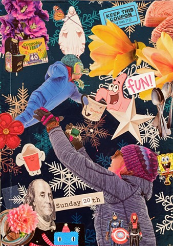 contemporary collage on paper with baby mother crayole markers birthday cake wendy's frosty ben franklin spongebob squarepants snowflakes flowers galaxia avengers by Holly Campbell