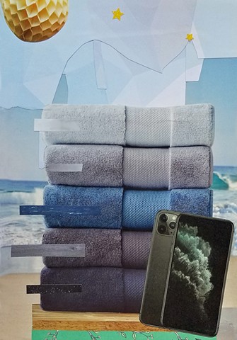 mixed-media collage on paper with stack of blue and gray towels samsung galaxy phone the beach blue skies a yellow paper party ball stars by Holly Campbell