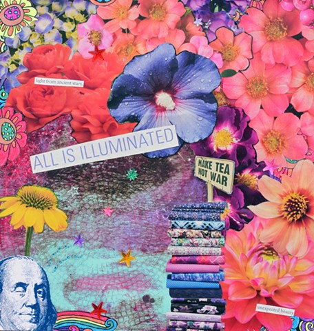 mixed media collage on paper flowers stars benjamin franklin monty python stacks of fabrics mono-printed and acrylic stars by Holly Campbell