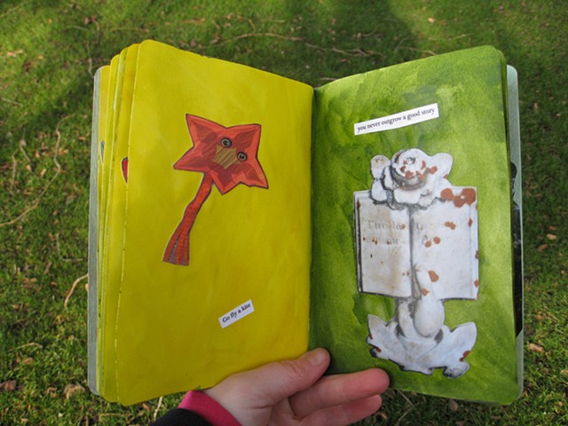 mixed media collage star kite from Oregon Mossy tombstone yellow and green pages by Holly Campbell