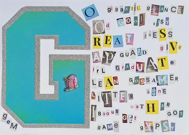 mixed-media collage on paper words that begin with the letter g by Holly Campbell 