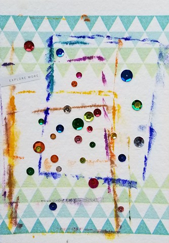 mixed-media collage on paper with sequins paper towel and the words explore more by Holly Campbell