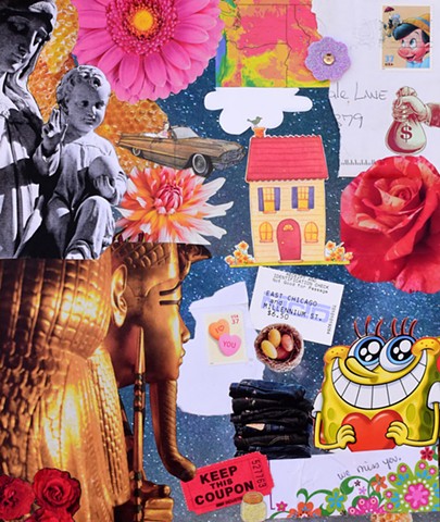 mixed media contemporary collage on paper mono-print daisies washington state mary baby jesus house rose money bag cloud jeans king tut spongebob squarepants flowers candy hearts pinocchio eggs cadillac by Holly Campbell