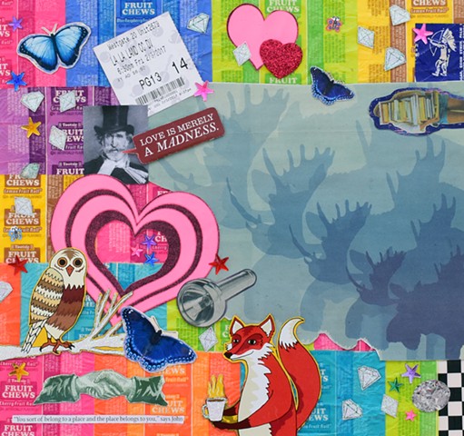 mixed media collage on paper butterflies hearts tootsie pop wrappers diamonds verdi flashlight owl fox moose hands checkerboard by Holly Campbell