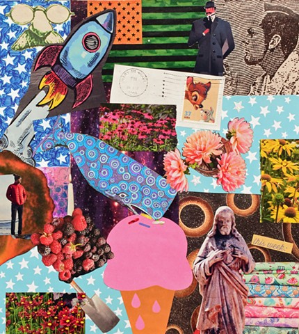 mixed media collage on paper rocket ship glasses sherlock holmes bambi thumper jesus whale ice cream cone berries man red jacket flowers stars american flag postage stamp shovel stacks of fabrics ephemera by Holly Campbell