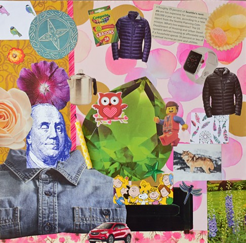 contemporary collage on paper mixed media collage Ben Franklin legos crayola with red owl wolves in snow Peanuts gang on green couch pink bubble background by Holly Campbell