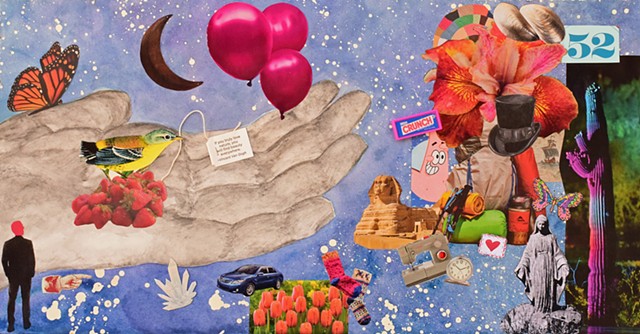 contemporary mixed-media collage on paper top hats mother mary night cactus balloons lilies seashells hearts butterflies open handcresent moon strawberry bird mixed media collage by Holly Campbell