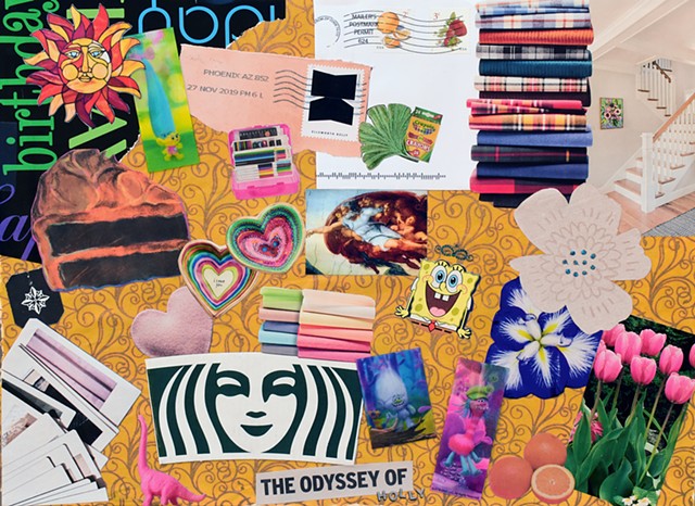 mixed-media collage on paper Starbucks mermaid hearts Spongebob Square-pants ginko leaves woman atist fabrics stamps postage gold stained glass sun cake Polaroids tulips The Odyssey trolls Da Vinci Sistine Chapel hand of God by Holly Campbell