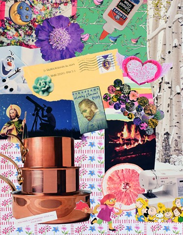 contemporary collage on paper with hearts purple flowers copper pots birch trees moon and elmer's glue by Holly Campbell