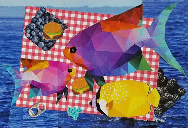 mixed-media collage on paper with three fish red and white gingham tablecloth blackberries hamburgers and the ocean by Holly Campbell  