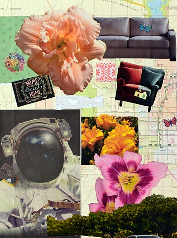 mixed-media collage contemporary collage on paper ephemera papers couch cushy chair butterflies astronaut lilies houses maps car rooftops copic markers home sweet home sign by Holly Campbell